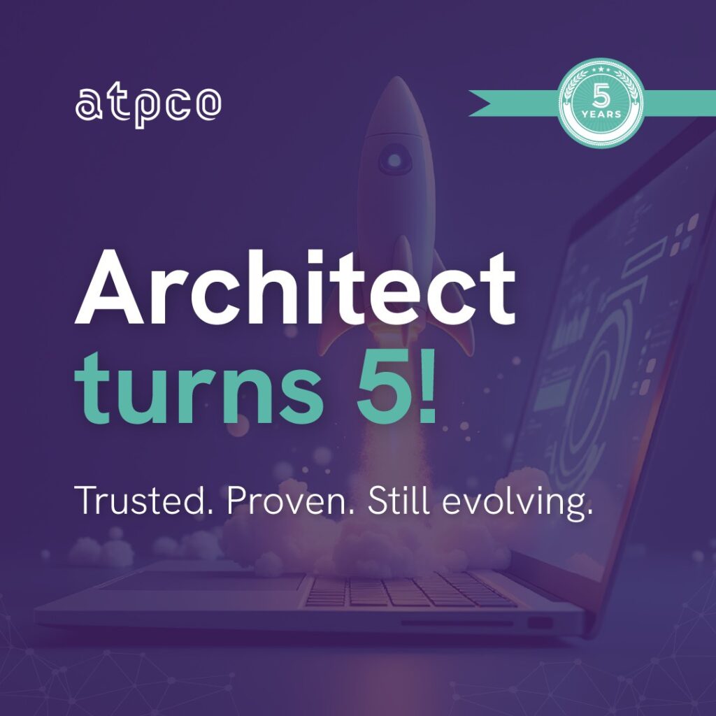 text that reads architect turns 5 against a purple background