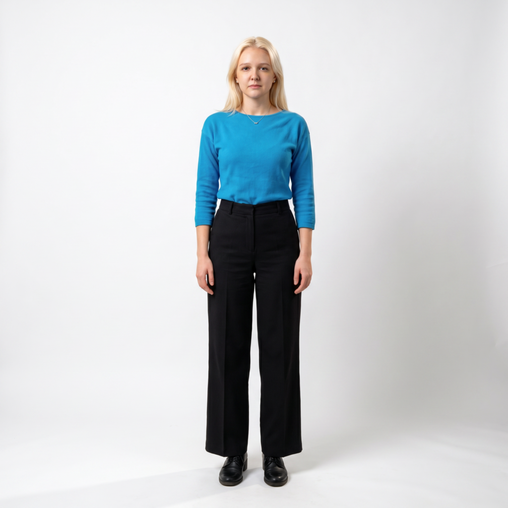 woman in a blue shirt and black pants standing 