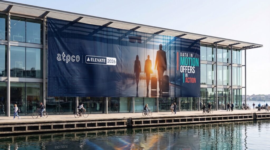 Large ATPCO Elevate conference banner on the side of a sleek, glass building